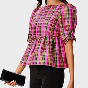 Eshakti Wayward Fancies Check Print Dupioni Peplum Top